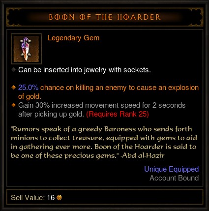 Diablo III Legendary Gem - Boon of the Hoarder